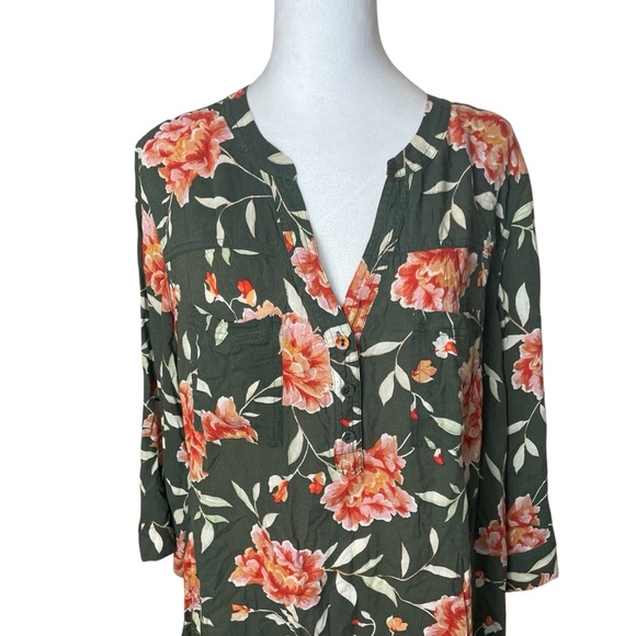 Torrid Harper Olive Green Floral Challis Popover Blouse 2X Cottagecore Tropical - Picture 3 of 11